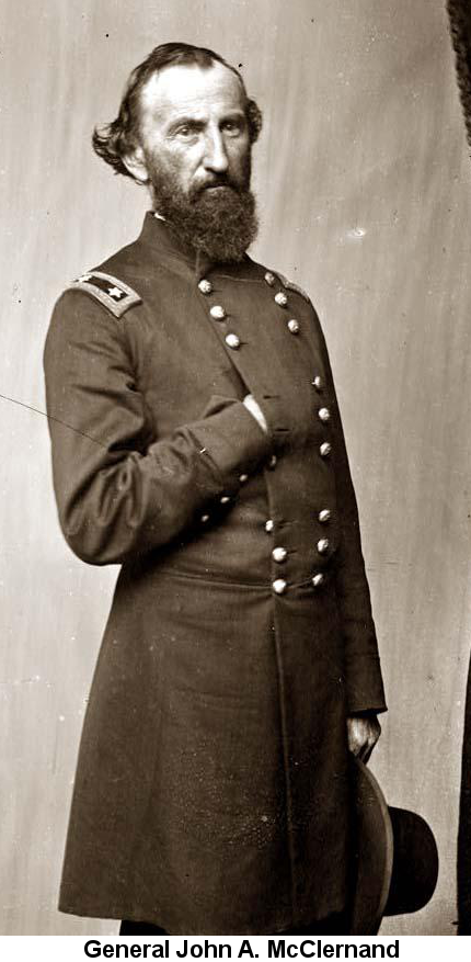 Black and white photograph of Union General John A. McClernand, standing, right hand inserted into his double-breasted uniform, holding a slouch hat in his left hand at his side